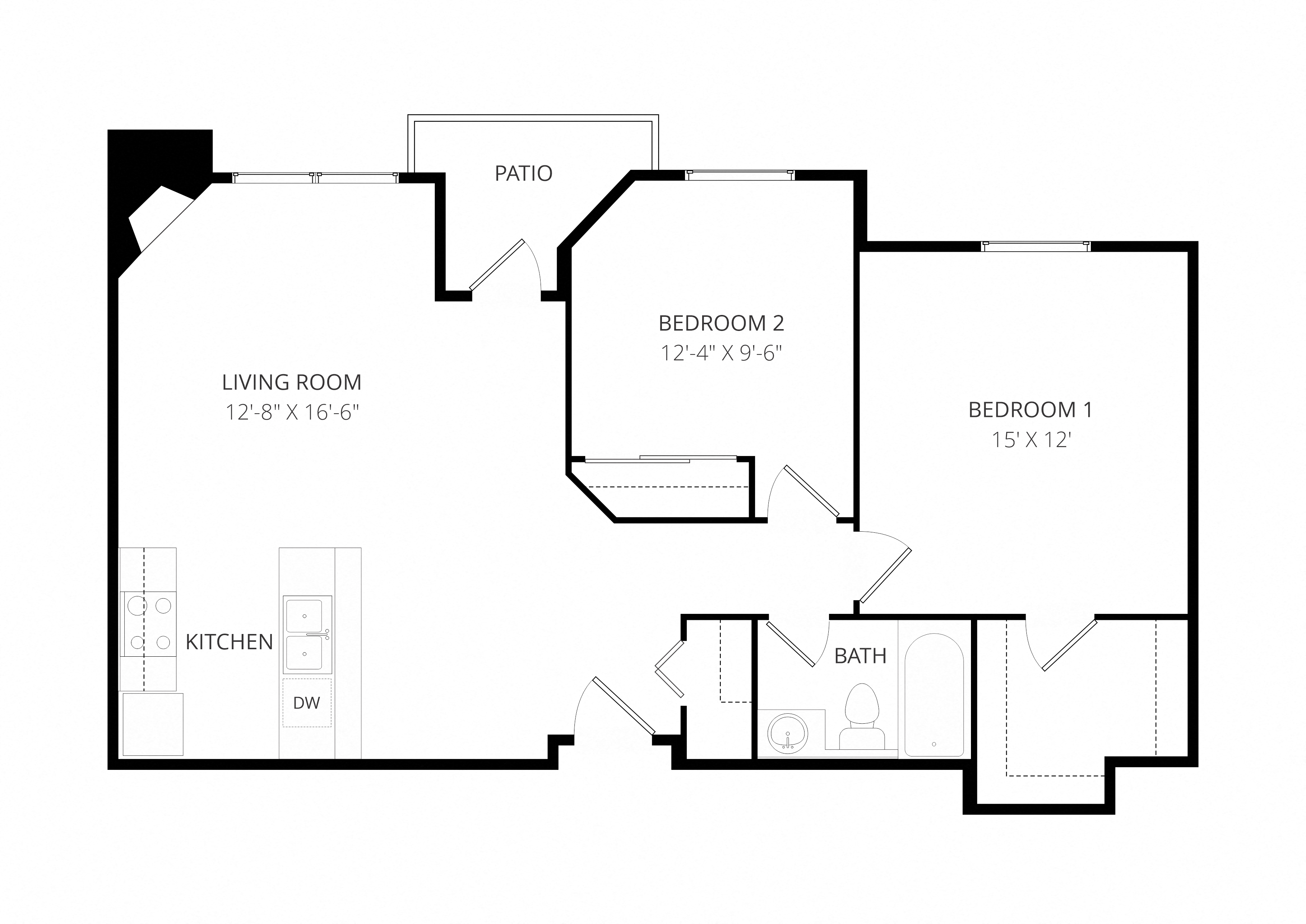 2BR 1BA floor plan